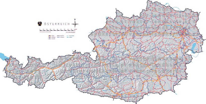 Landkarte und Straßenkarte Oesterreich H�henrelief Fl�ssen und Seen