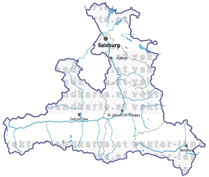 Landkarte und Gemeindekarte Salzburg Bezirksgrenzen vielen Orten Flüssen und Seen