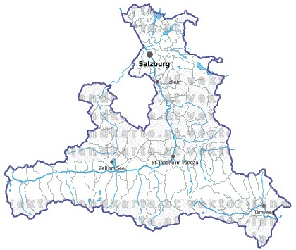 Landkarte und Gemeindekarte Salzburg Gemeindegrenzen vielen Orten Flssen und Seen