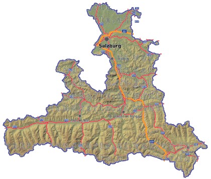 Landkarte, Straßenkarte und Gemeindekarte Salzburg Regionen vielen Orten Hhenrelief