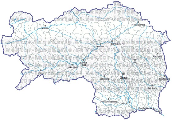 Landkarte und Gemeindekarte Steiermark Bezirksgrenzen und Gemeindegrenzen vielen Orten Flssen und Seen