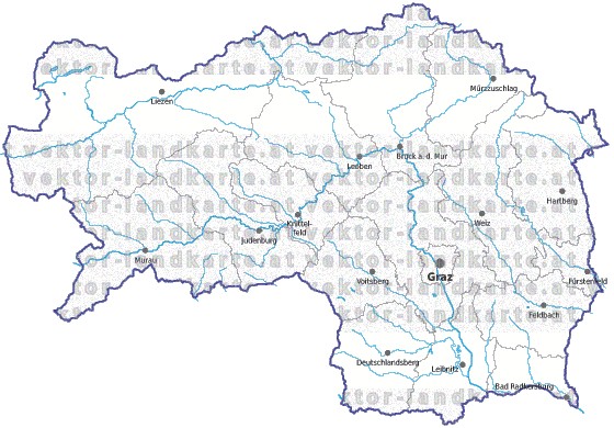 Landkarte und Gemeindekarte Steiermark Bezirksgrenzen vielen Orten Fl�ssen und Seen