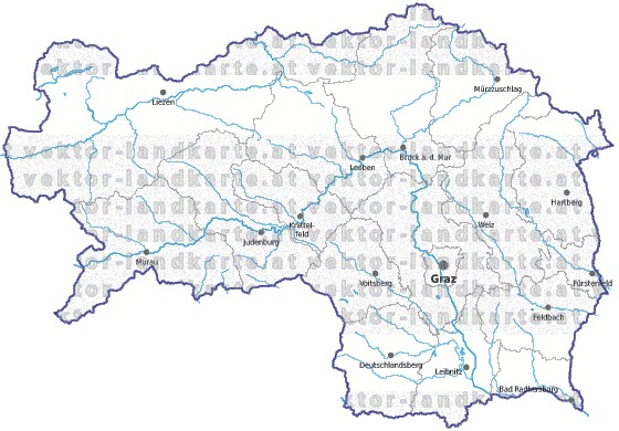 Landkarte und Gemeindekarte Steiermark Bezirksgrenzen vielen Orten Flssen und Seen