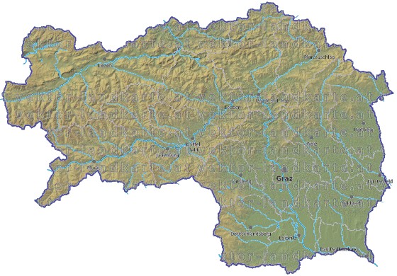 Landkarte und Gemeindekarte Steiermark Bezirksgrenzen vielen Orten Höhenrelief Flüssen und Seen