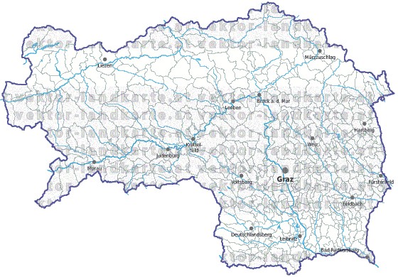 Landkarte und Gemeindekarte Steiermark Regionen und Gemeindegrenzen vielen Orten Flssen und Seen