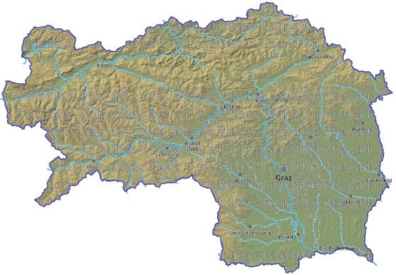 Landkarte und Gemeindekarte Steiermark Regionen vielen Orten H�henrelief Fl�ssen und Seen
