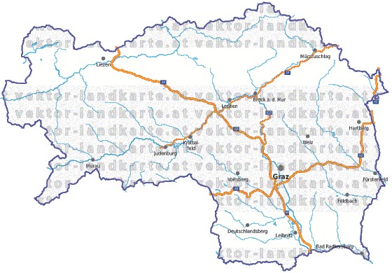 Landkarte, Straßenkarte und Gemeindekarte Steiermark vielen Orten Flüssen und Seen