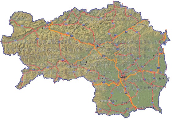 Landkarte, Straßenkarte und Gemeindekarte Steiermark Regionen vielen Orten Hhenrelief