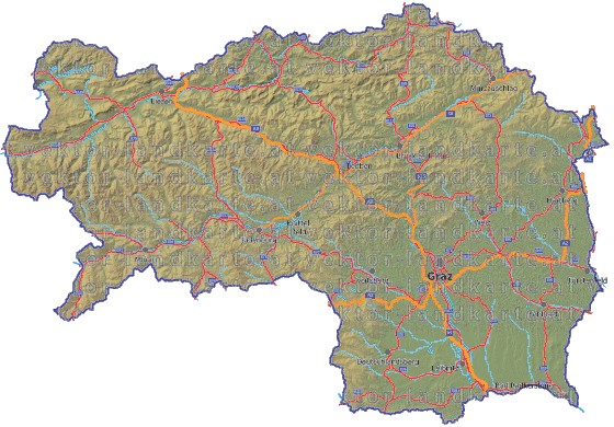 Landkarte, Straßenkarte und Gemeindekarte Steiermark vielen Orten Höhenrelief Flüssen und Seen
