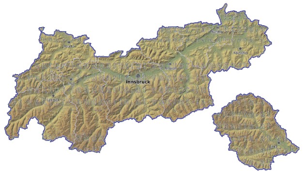 Landkarte und Gemeindekarte Tirol Bezirksgrenzen vielen Orten H�henrelief