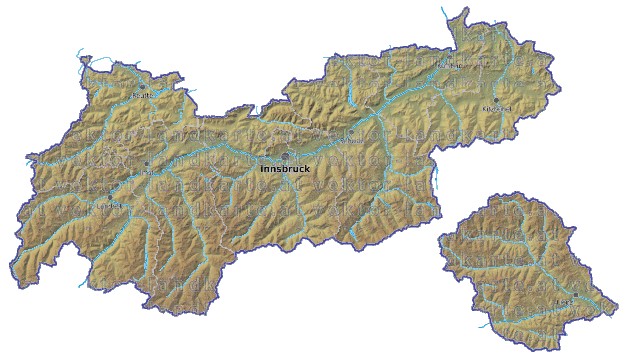 Landkarte und Gemeindekarte Tirol Bezirksgrenzen vielen Orten Höhenrelief Flüssen und Seen