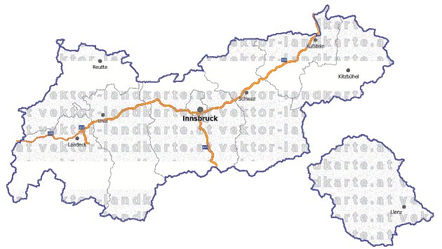 Landkarte, Straßenkarte und Gemeindekarte Tirol Bezirksgrenzen vielen Orten