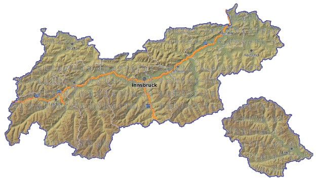 Landkarte, Straßenkarte und Gemeindekarte Tirol Bezirksgrenzen vielen Orten Hhenrelief