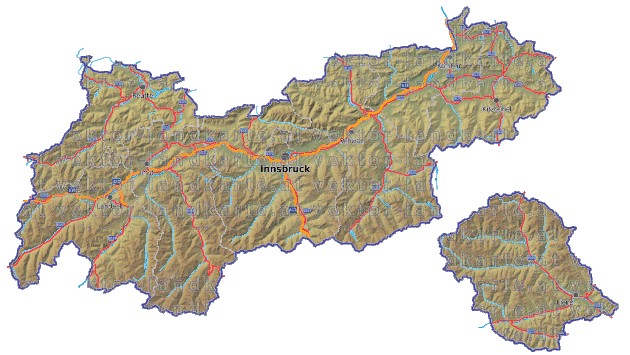 Landkarte, Straßenkarte und Gemeindekarte Tirol Bezirksgrenzen vielen Orten Hhenrelief Flssen und Seen