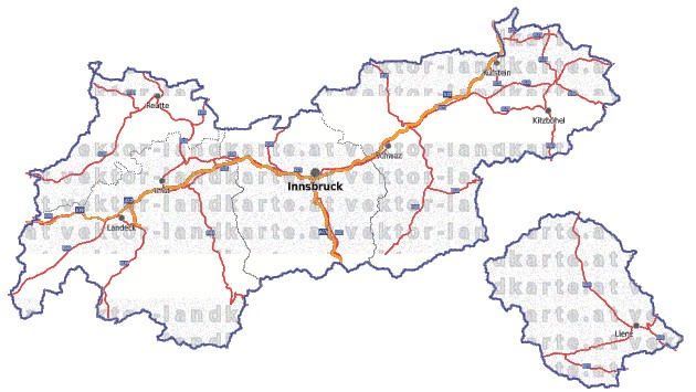 Landkarte, Straßenkarte und Gemeindekarte Tirol Regionen vielen Orten
