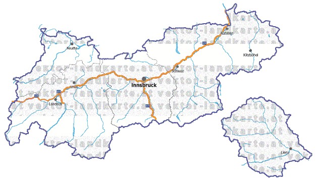 Landkarte, Straßenkarte und Gemeindekarte Tirol Regionen vielen Orten Flüssen und Seen