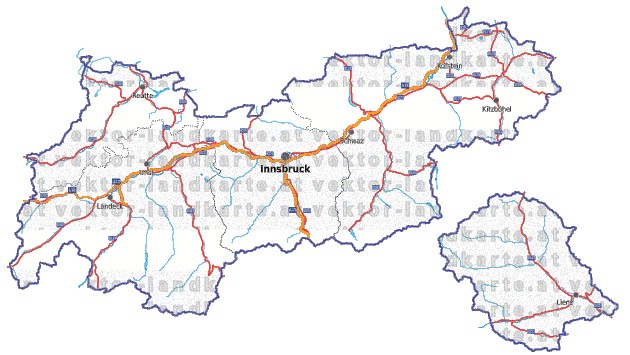 Landkarte, Straßenkarte und Gemeindekarte Tirol Regionen vielen Orten Flssen und Seen