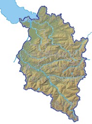 Landkarte Vorarlberg Bezirksgrenzen Höhenrelief Flüssen und Seen