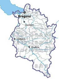 Landkarte und Gemeindekarte Vorarlberg Bezirksgrenzen und Gemeindegrenzen vielen Orten Flüssen und Seen