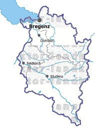 Landkarte und Gemeindekarte Vorarlberg Bezirksgrenzen vielen Orten Fl�ssen und Seen