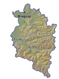 Landkarte und Gemeindekarte Vorarlberg Bezirksgrenzen vielen Orten Hhenrelief