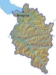 Landkarte und Gemeindekarte Vorarlberg vielen Orten Höhenrelief Flüssen und Seen