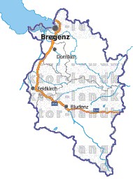Landkarte, Straßenkarte und Gemeindekarte Vorarlberg Bezirksgrenzen vielen Orten Fl�ssen und Seen