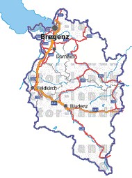 Landkarte, Straßenkarte und Gemeindekarte Vorarlberg Bezirksgrenzen vielen Orten Flssen und Seen