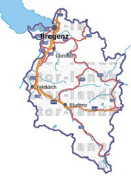 Landkarte, Straßenkarte und Gemeindekarte Vorarlberg vielen Orten Flüssen und Seen