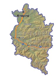 Landkarte, Straßenkarte und Gemeindekarte Vorarlberg vielen Orten Hhenrelief
