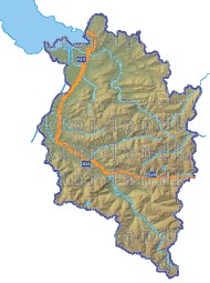 Landkarte und Straßenkarte Vorarlberg Höhenrelief Flüssen und Seen