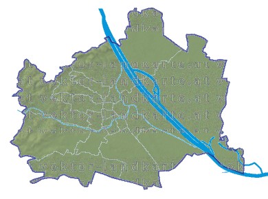 Landkarte Wien Bezirksgrenzen Höhenrelief Flüssen und Seen